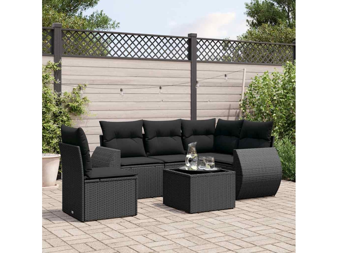 Vidaxl 6 Pcs Conjunto Sofás De Jardim C/ Almofadões Vime Pe Preto