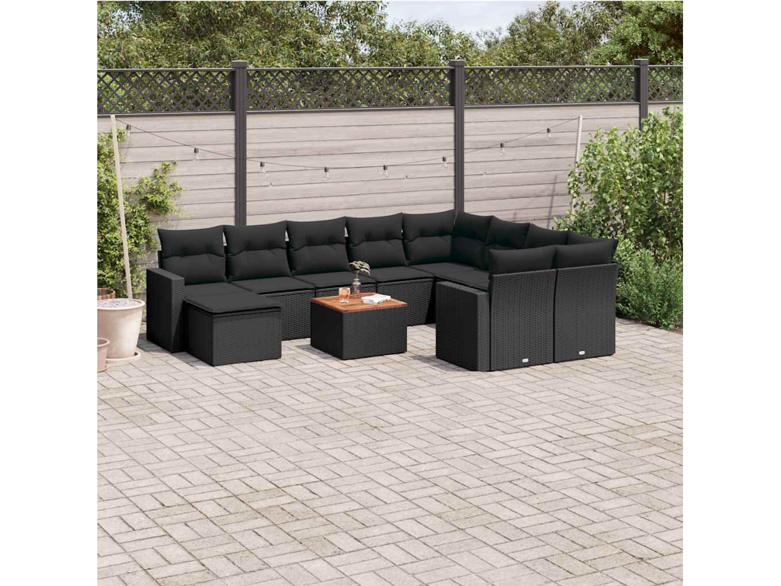 Vidaxl 11 Pcs Conjunto Sofás De Jardim C/ Almofadões Vime Pe Preto