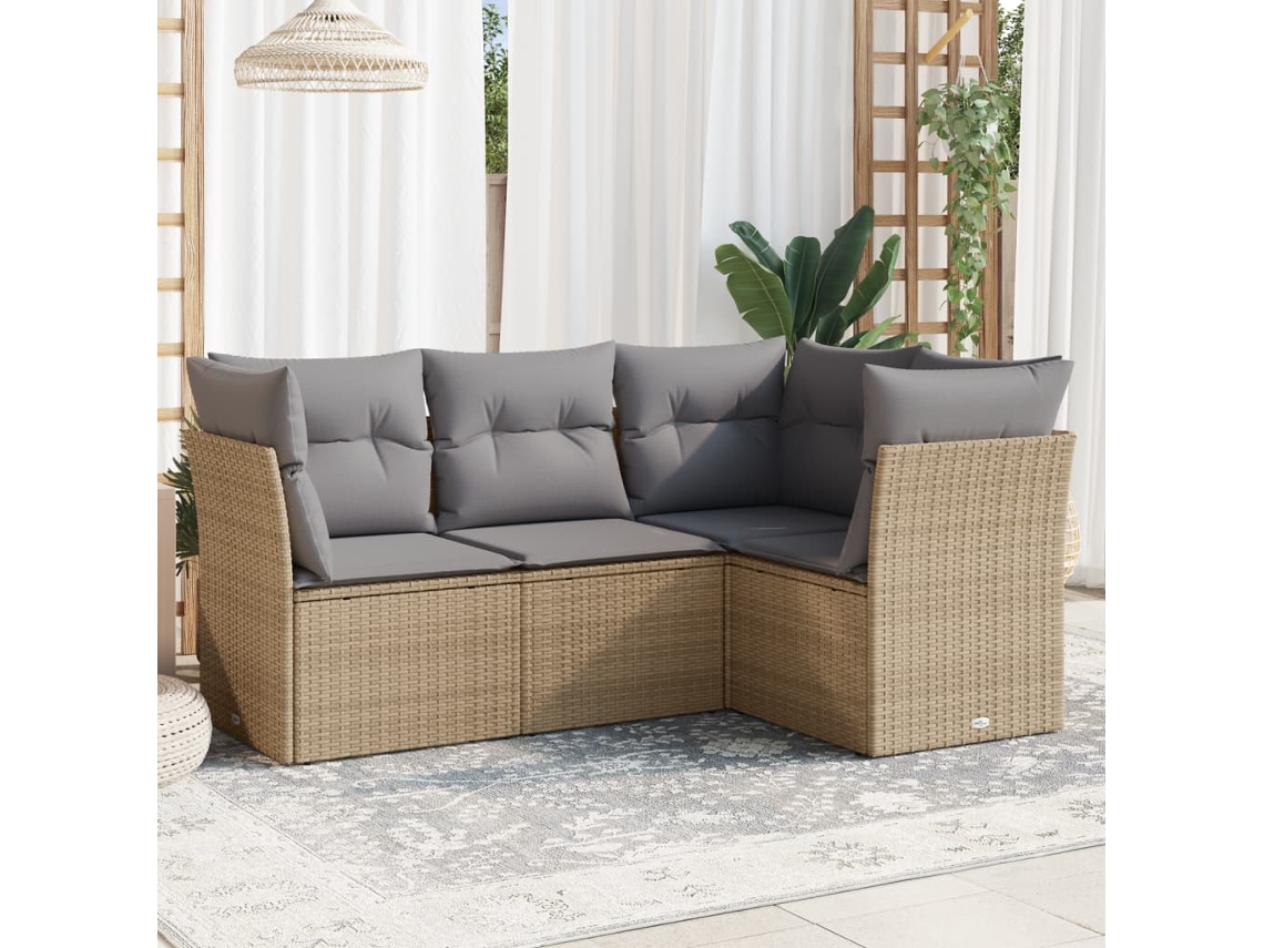 Vidaxl 4 Pcs Conjunto De Sofás Para Jardim C/ Almofadões Vime Pe Bege