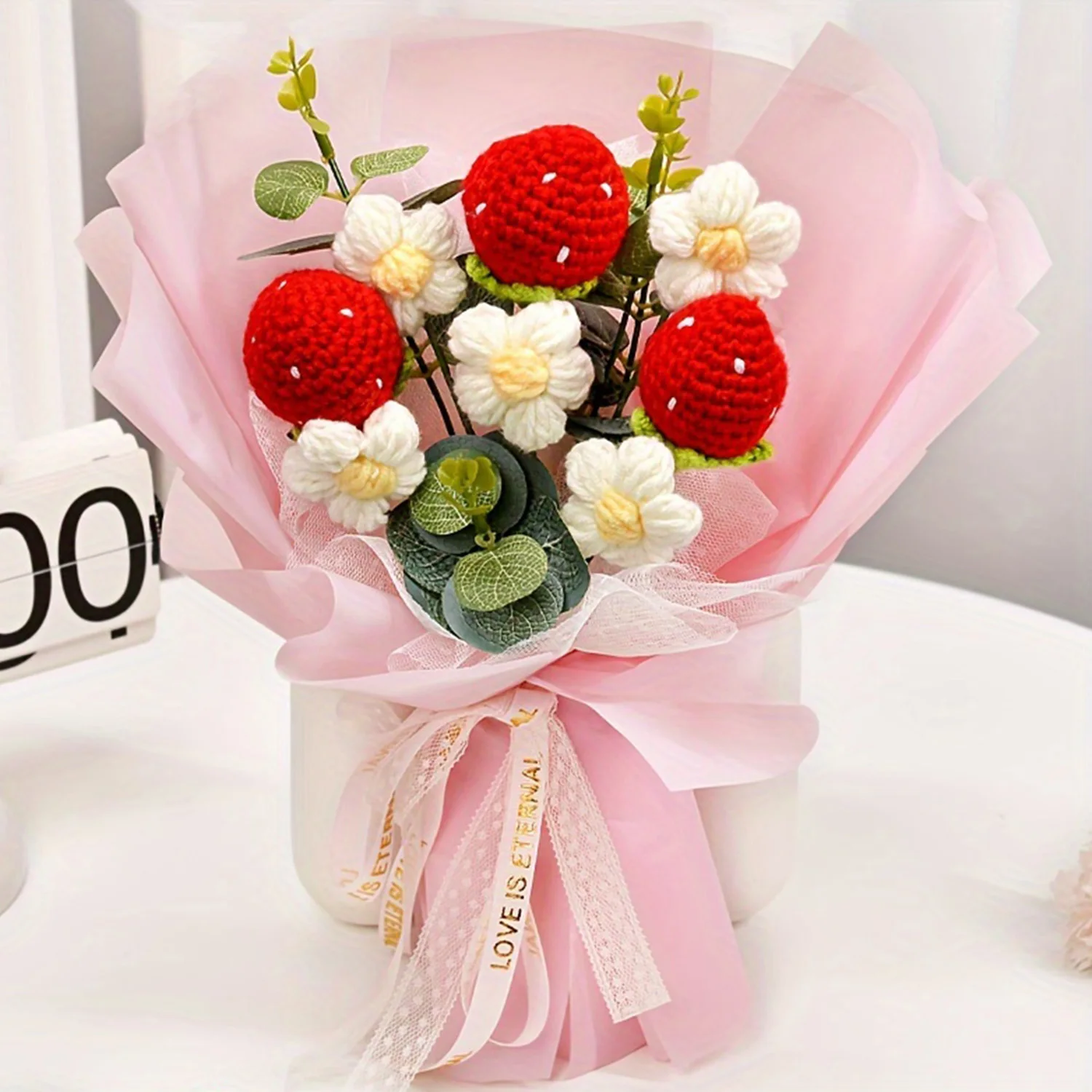 (rosa) Buquê De Crochê Feito À Mão - Buquê Artificial Colorido, Decoração Para Casa, Presente