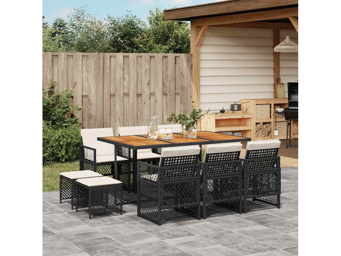 Vidaxl 11 Pcs Conjunto de Jantar P/ Jardim C/ Almofadões Vime Pe Preto