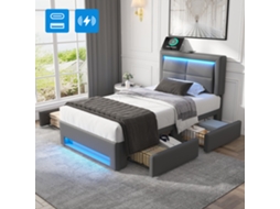 Cama Solteiro Cinza 90x190cm Estofada, Pu Lichia, Usb, Led, 4 Gavetas. Cs