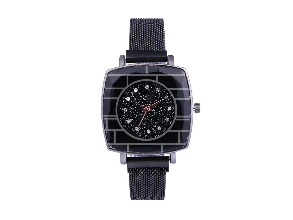 Relógio de Pulso Feminino Casual de Quartzo com Pulseira de Malha e Mostrador Quadrado Preto