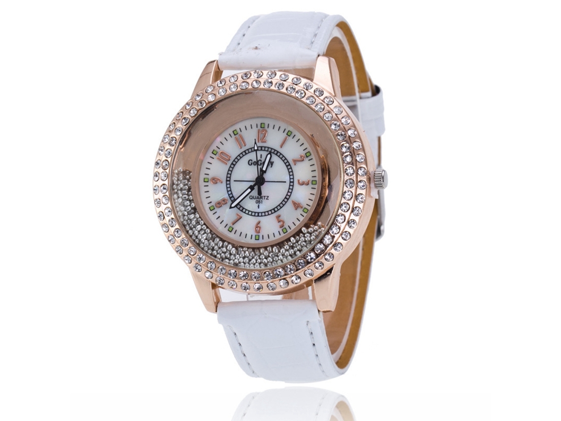 Relógio de Pulso Redondo com Quartzo, Pulseira de Couro Pu e Strass Branco