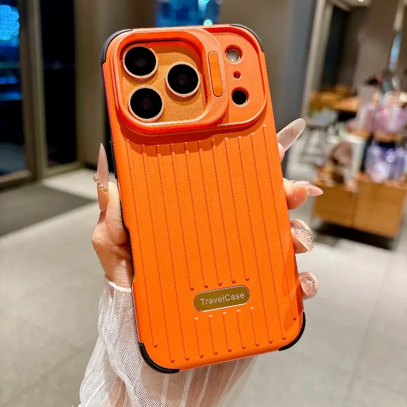 Capa Para Celular (iphone 16 Laranja) Com Estampa Listrada Fosca E Suporte Para Lente Da Câmera.