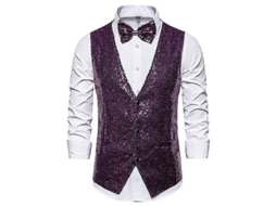 Colete De Lantejoulas Para Homem Com Gravata De Laço - Tecido De Poliéster Brilhante - Ajustável - Ideal Para Festas E Casamentos Roxo