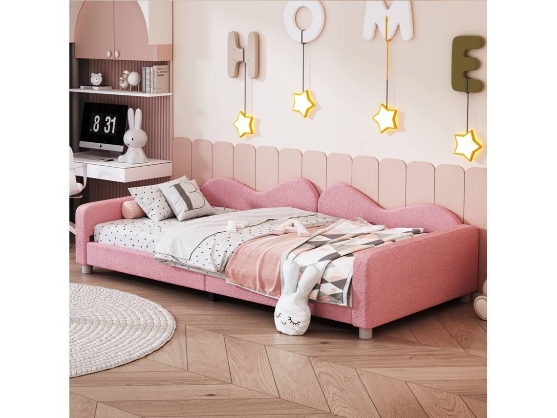 Cama Infantil Estofada Rosa 90x200cm, Tecido Teddy, Com Encosto E Braços.-op