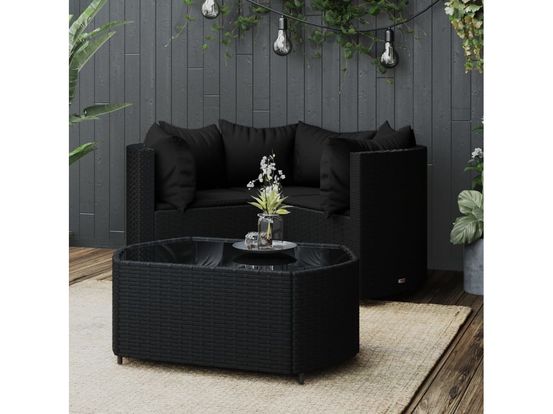 4 Pcs Conjunto Lounge De Jardim C/ Almofadões Vime Pe Preto Dkd Home Decor