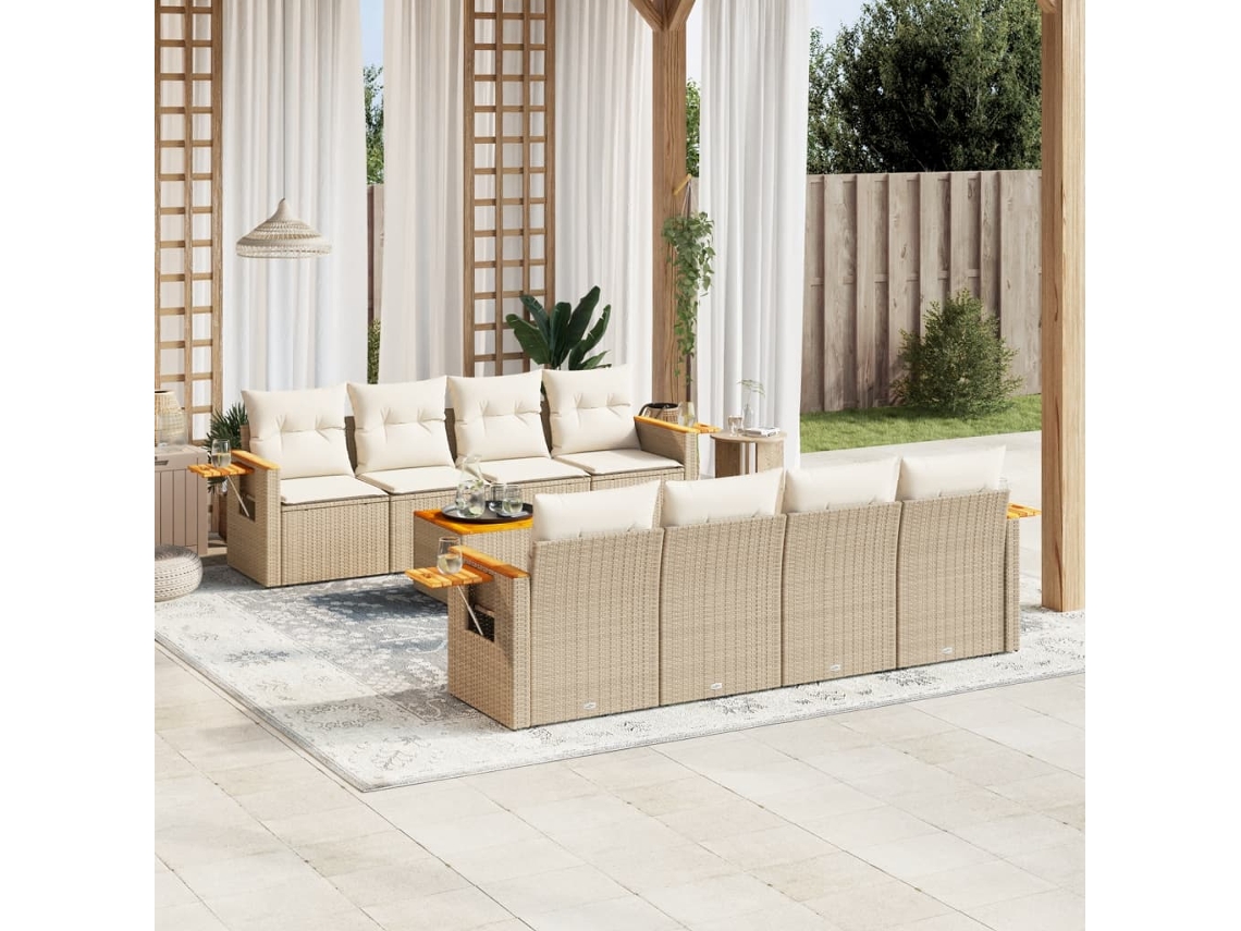 Vidaxl 9 Pcs Conjunto De Sofás P/ Jardim Com Almofadões Vime Pe Bege