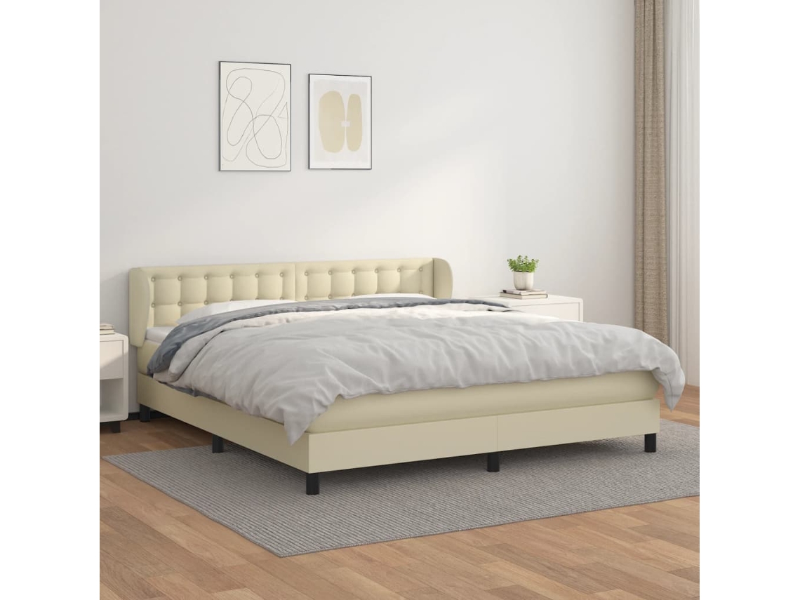 Vidaxl Cama Com Molas/colchão 160x200 Cm Couro Artificial Cor Creme