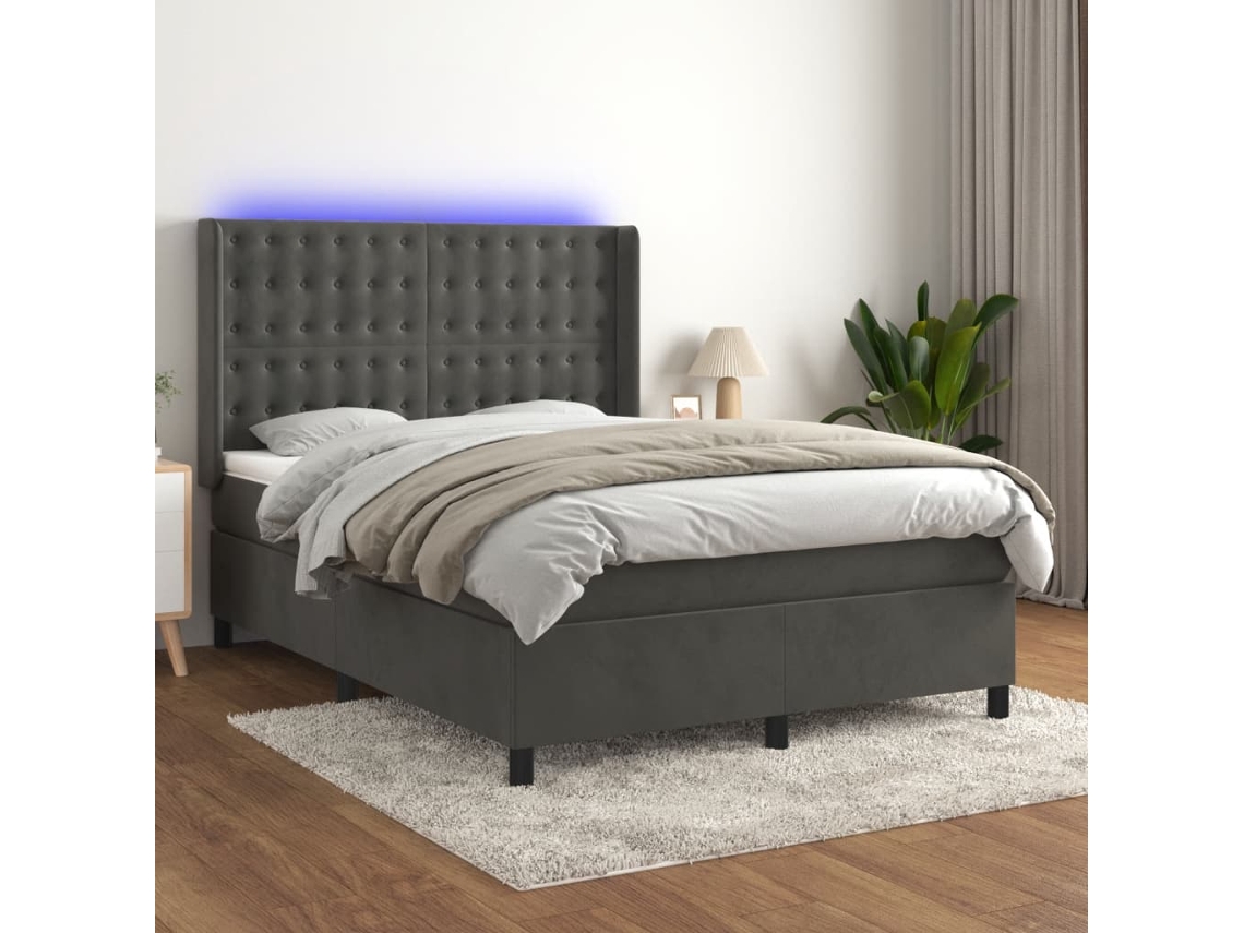 Vidaxl Cama Box Spring C/ Colchão/led 140x200cm Veludo Cinzento-escuro