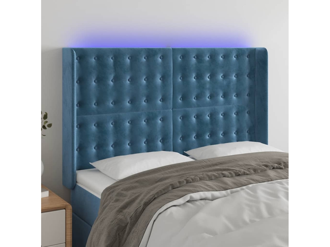 Cabeceira Camapainel De Cabeceira C/ Luzes Led Veludo 147x16x118/128cm Azul Escuro Lovely Home