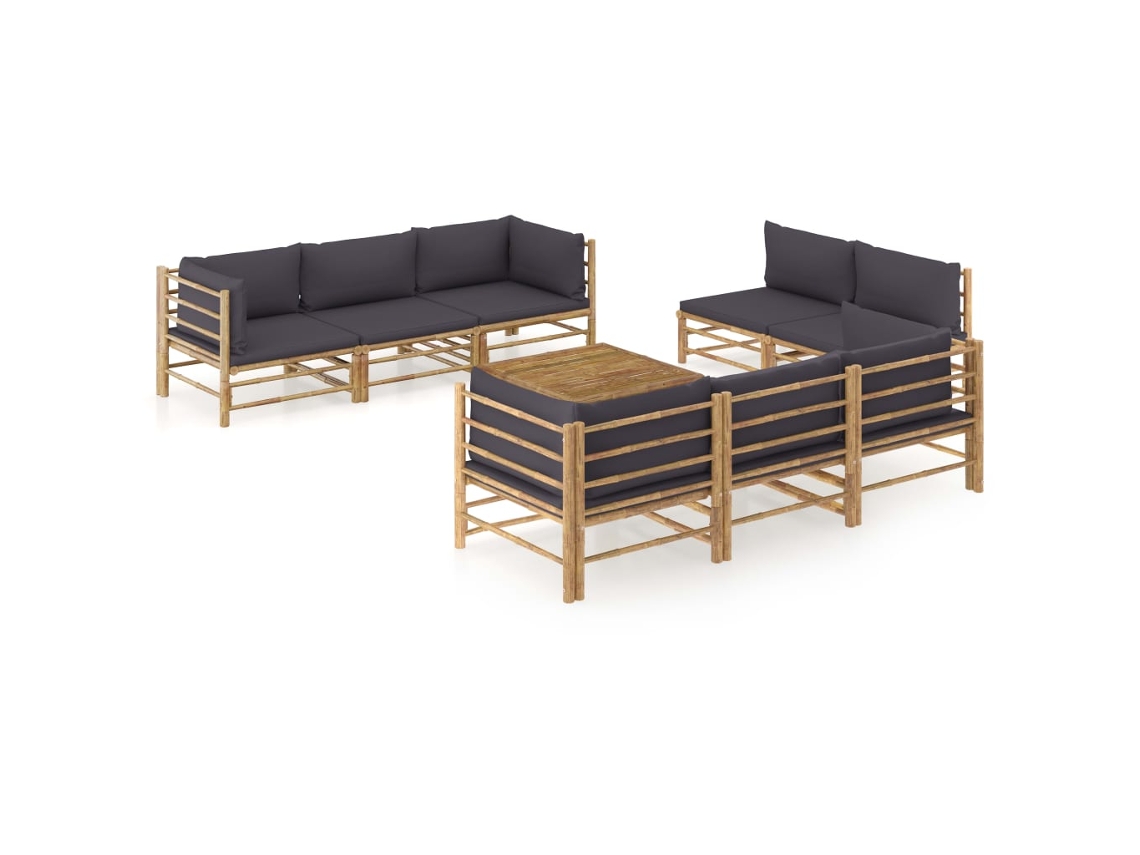 Vidaxl 9 Pcs Conj. Lounge Jardim Em Bambu C/ Almofadões Cinza-escuro