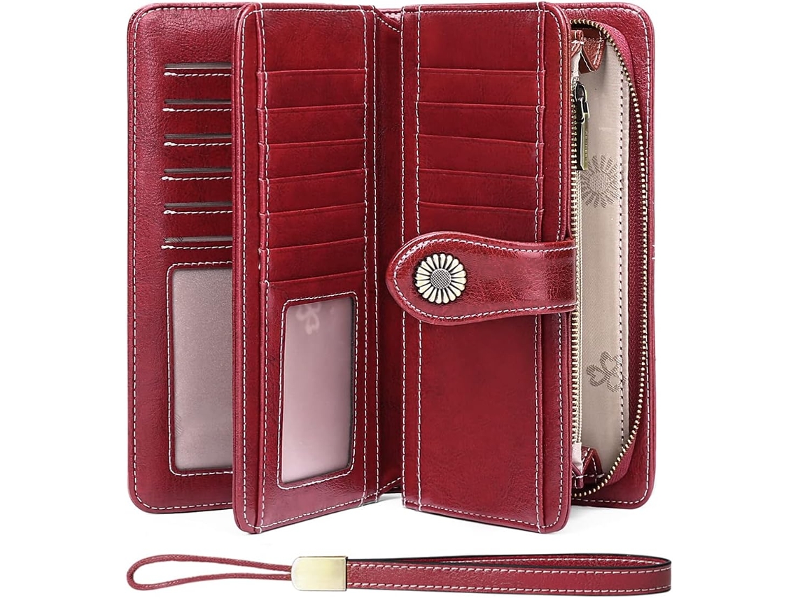 Carteira Feminina Grande Com Proteção Rfid - Clutch Longa Com 24 Slots Para Cartões E Alça De Pulso