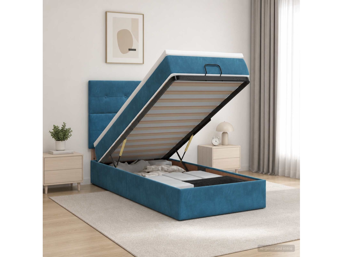 Vidaxl Cama Ottoman Com Colchão Azul Escuro 90 X 200 Cm Veludo