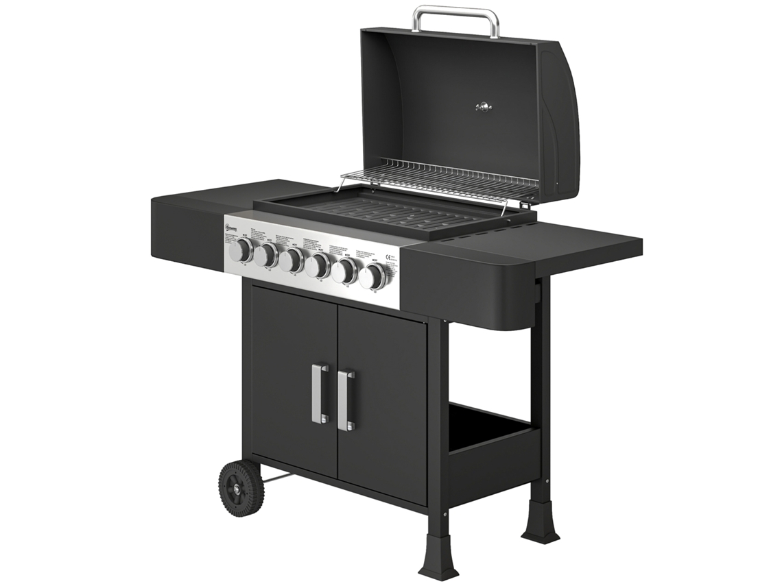 Barbecue A Gás Com 6 Queimadores 15 Kw Termómetro 2 Prateleiras Laterais Earmário 135x51x101 Cm Preto