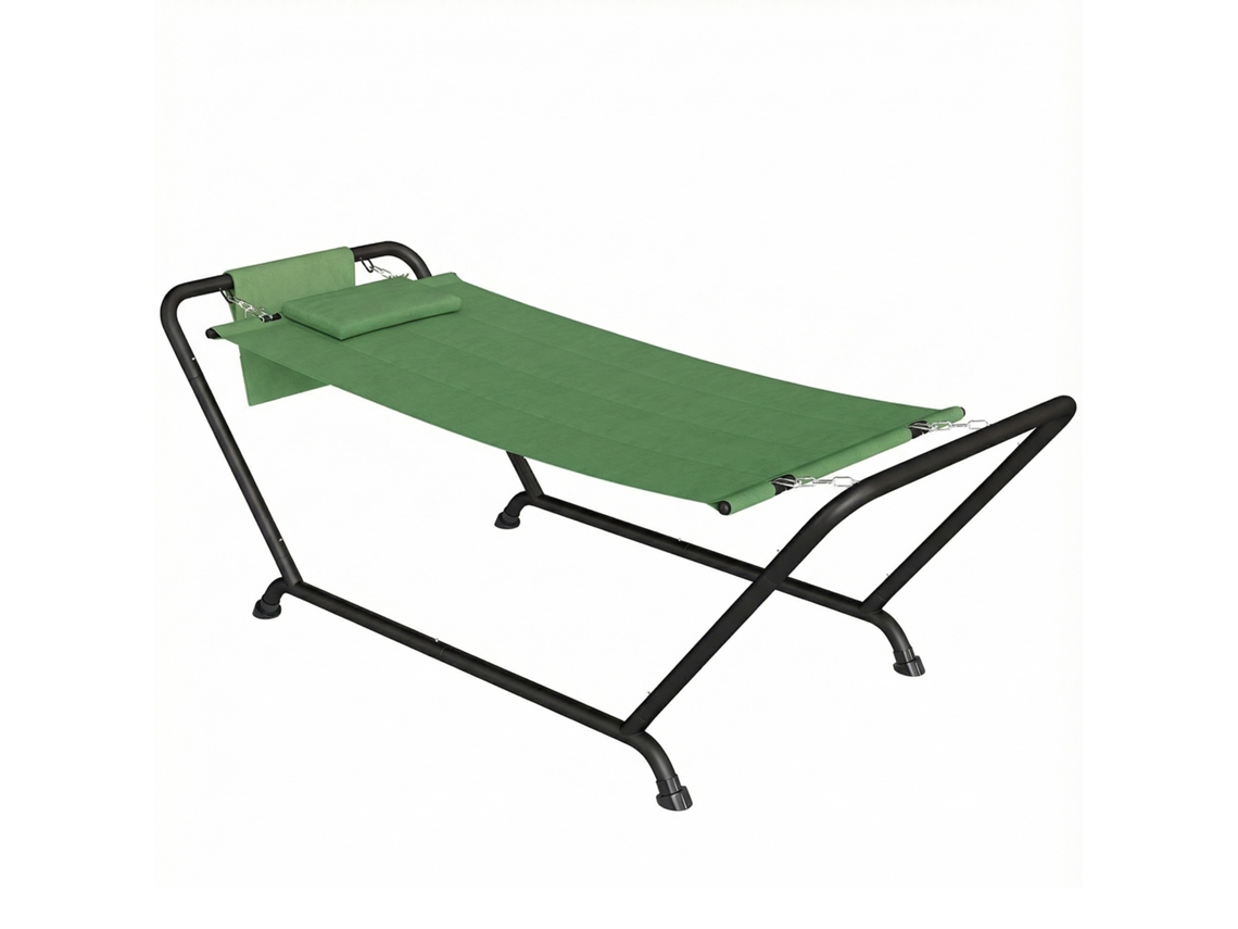 Rede de Jardim com suporte, bolso lateral e apoio de cabeça em metal e poliéster escuro 237x90x92 cm verde