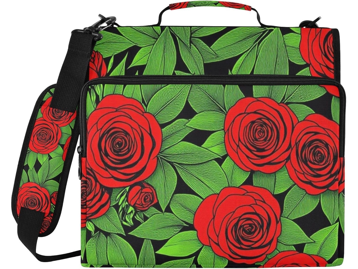 Pasta De 3 Argolas 1, 5 Polegadas Com Rosas Vermelhas Sobre Fundo Preto, Alça De Ombro E Mão, Inclui Bolso Com Zíper