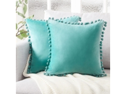 Pacote Com 2 Capas De Almofadas Decorativas, Fronhas De Veludo Macio De Cor Sólida Com Pompons Para Sofá, Quarto, Carro (45 X 45 Cm, Azul Turquesa)