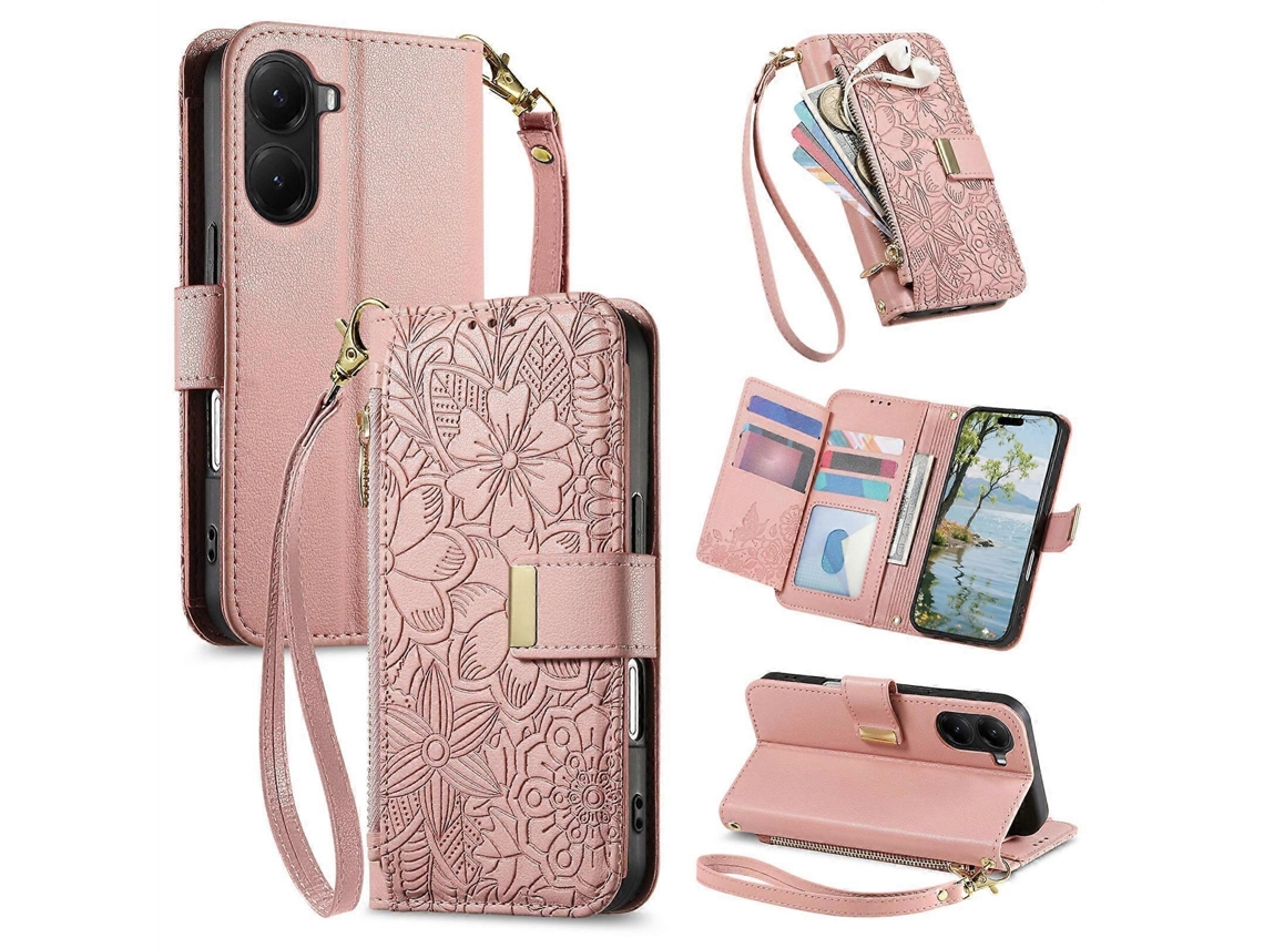 Capa Carteira De Couro Com Zíper, Estampa De Flores E Folhas, Com Alça, Para Xiaomi Poco X7 Pro