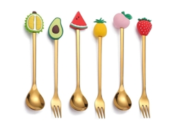2026 set Linjou Cucharas Y Tenedores de Postre Frutas Bonitas, 3 Cucharas de Café Y 3 Tenedores de Postre Oro