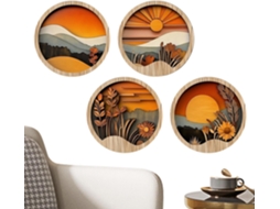 Decoração De Parede Boêmia Para Sala De Estar, 4 Molduras Redondas De Madeira, Arte Geométrica Rústi Gokoco