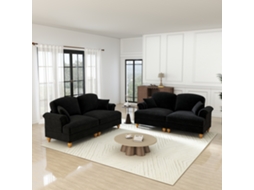 Sofá Modular L de 4 Lugares MOBRIO em Chenille, Braços Cónicos, Saia Removível, Pés Torneados, Apoio para os Pés Preto