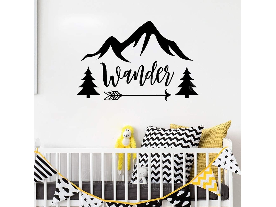 Adesivos de parede em vinil para quarto infantil - Frase de viagem - Flecha - Árvore - Montanha - Decoração de parede infantil - 85x56 cm