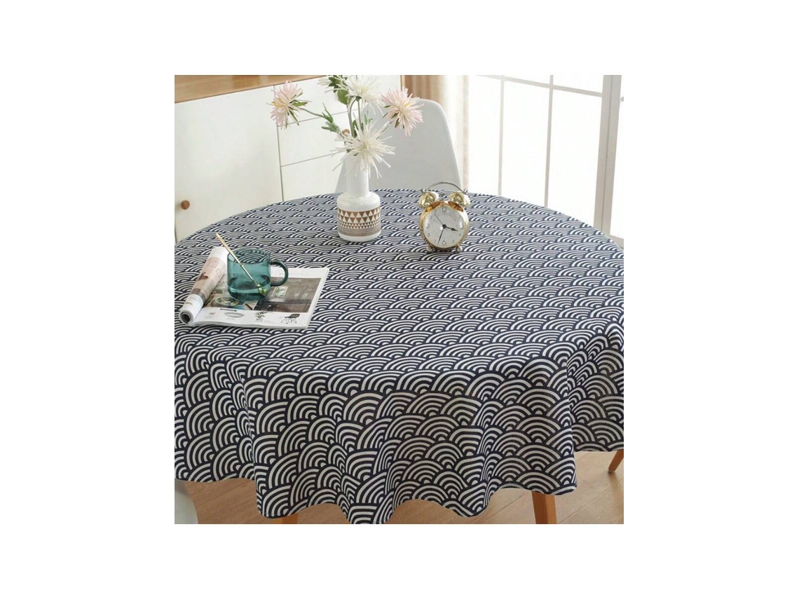 Toalha De Mesa Redonda Simples Em Algodão E Linho Com Estampado Geométrico Xadrez, Padrão De Ondas, Diâmetro De 150 Cm.