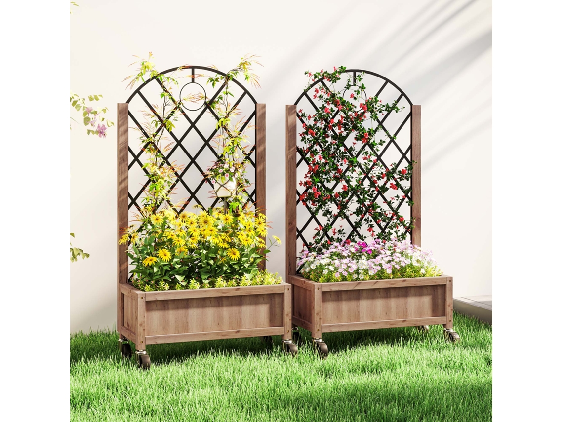 Conjunto 2 Jardineiras Elevadas Com Rodas E Treliças, Madeira 52x25x97 Cm, Marrom