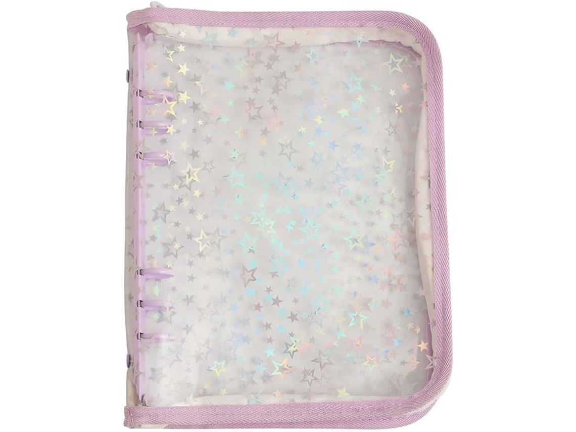 Capa Fichário A5 Econômica Com Zíper, Fichário A5 De 6 Argolas Com Estrelas Brilhantes, Capa Transparente De Pvc