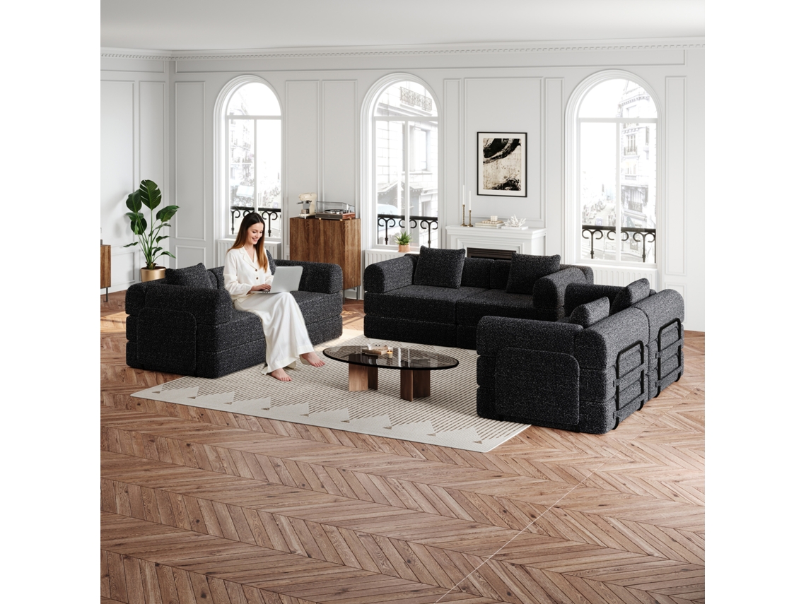 design Patenteado Sofá-cama 2 Em 1 Em Chenille Com Compartimento No Braço, Três Estruturas Metálicas E Múltiplas Opções De Configuração.