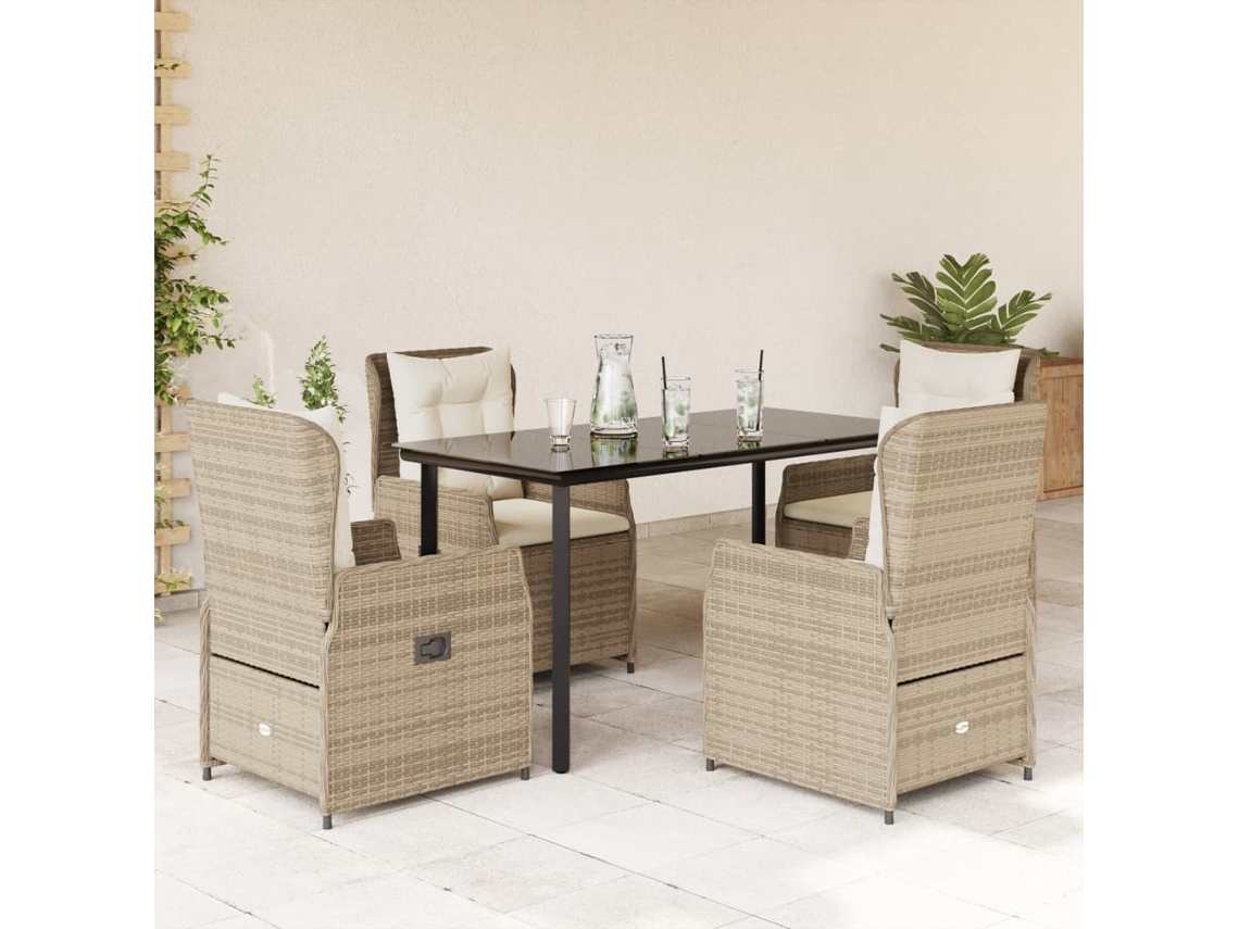 Vidaxl 5 Pcs Conjunto De Jantar P/ Jardim Com Almofadões Vime Pe Bege