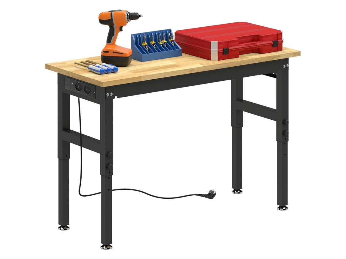 Mesa de trabalho em madeira e aço, altura ajustável, 2 tomadas, capacidade 900kg, madeira e preto
