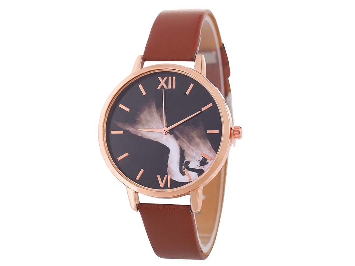 Relógio de Pulso Feminino de Quartzo com Pulseira de Couro Pu Mostrador Redondo Simples Marrom