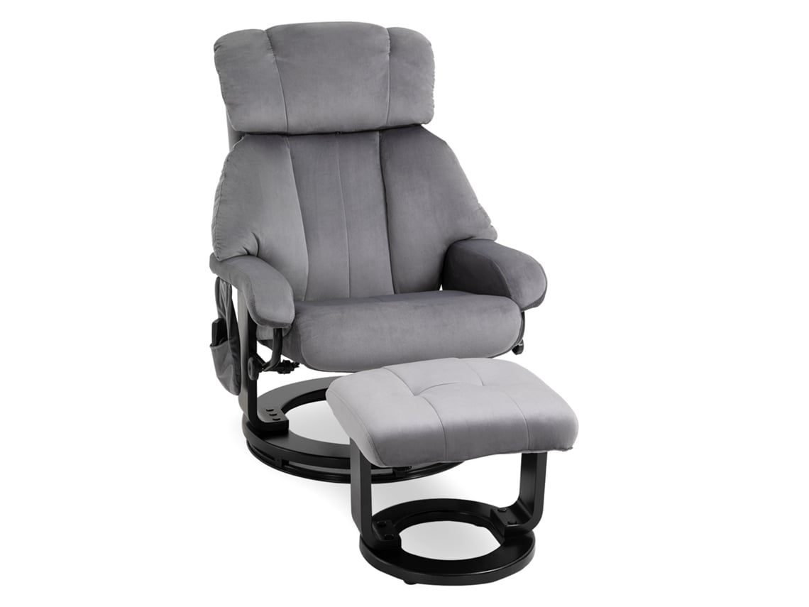Poltrona reclinável com banquinho, giratória, massagem, veludo cinza Envio Rápido
