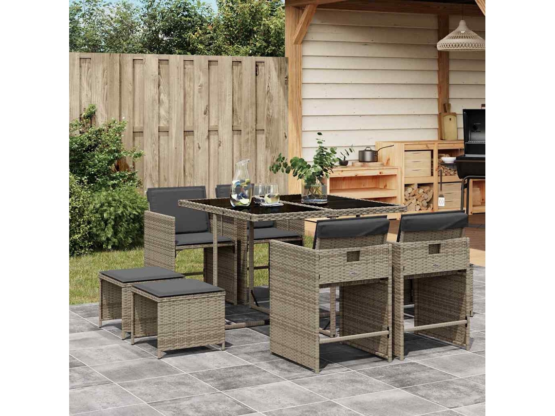 Vidaxl 9 Pcs Conjunto De Jantar P/ Jardim C/ Almofadões Vime Pe Cinza