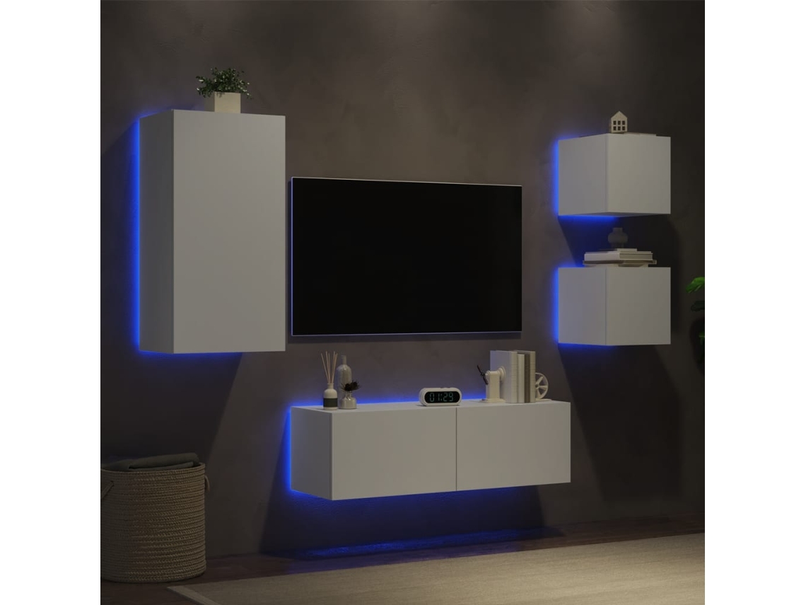 Vidaxl 4 Pcs Móveis De Parede Para Tv Com Luzes Led Branco
