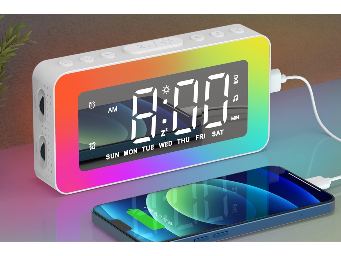 Despertadores para Quartos, Relógio de Espelho com 8 Luzes de Atmosfera Rgb, Alarmes Duplos, 3 Modos de Alarme, Soneca, Auxílio para Dormir, EHSTMIND