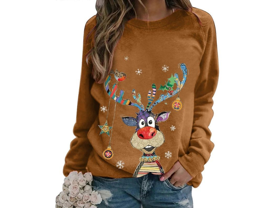 Jerséis De Natal Para Mulher Suaves Com Estampas De Natal De Manga Longa Caqui 3xl