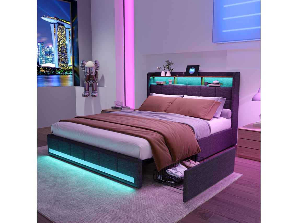 Cama estofada MEXUS de 160x200cm com controle app, LED, estrutura cinza, sem colchão