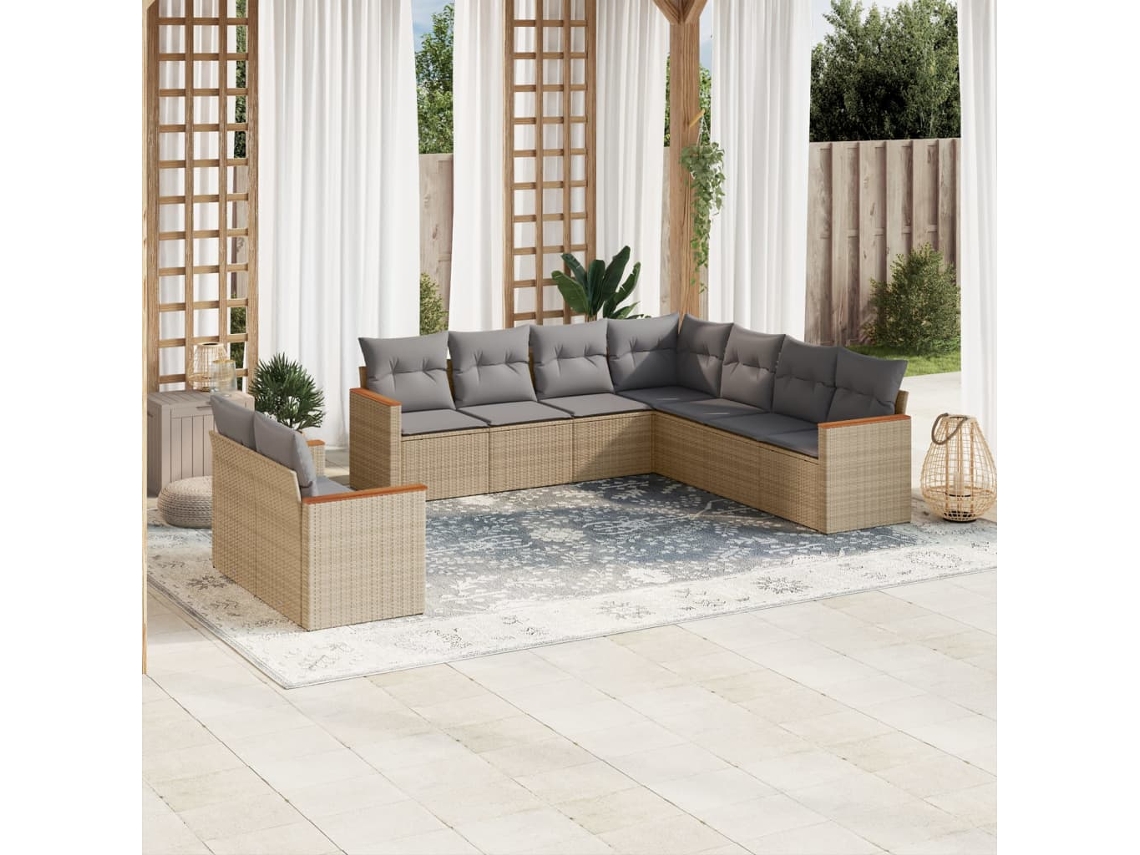 Vidaxl 9 Pcs Conjunto De Sofás P/ Jardim Com Almofadões Vime Pe Bege