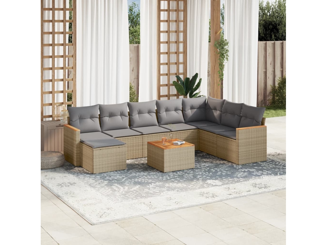 Vidaxl 9 Pcs Conj. Sofás Jardim C/ Almofadões Vime Pe Bege Misturado