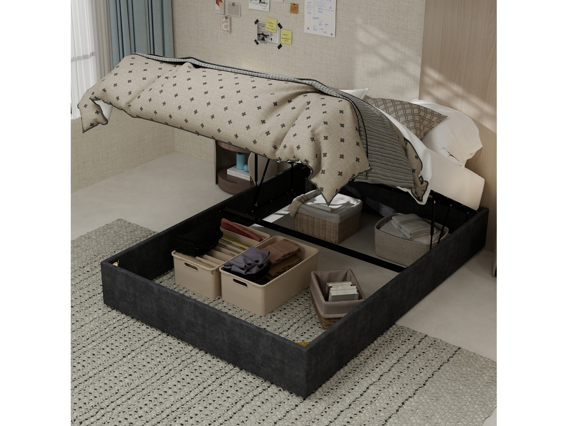Cama 140x200 Cm Cinza Veludo Holandês Com Levamento A Gás Moderna Simples
