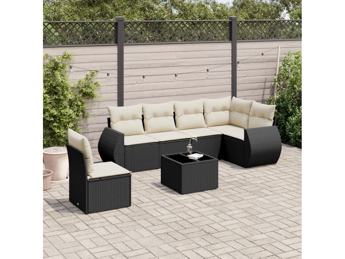Vidaxl 7 Pcs Conjunto De Sofás P/ Jardim C/ Almofadões Vime Pe Preto