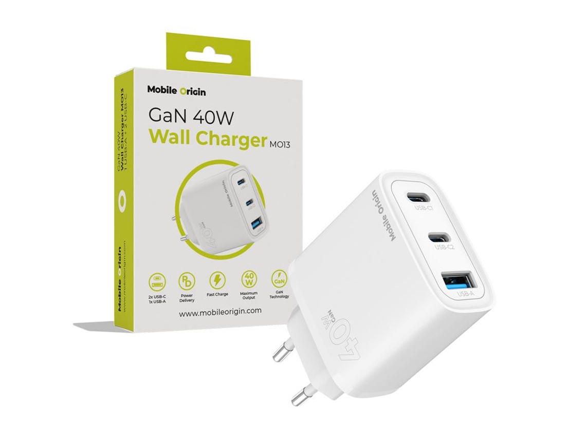 Carregador 65w Gan com Cabo Autoenrolável, 2 Usb c e Usb a | MOBILE ORIGIN