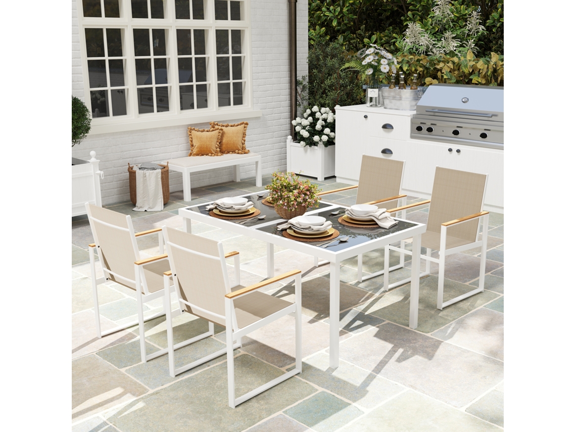 Conjunto De Jardim Com Mesa De Jantar Retangular De Vidro E 4 Cadeiras Com Braços, Multicolorido.