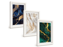 Composição De Quadros Na Parede Padrões Abstratos Em Azul E Verde Moldura Branca Quadros Para A Sala De Estar Espelharte (3 Peças 20x30 Cm)