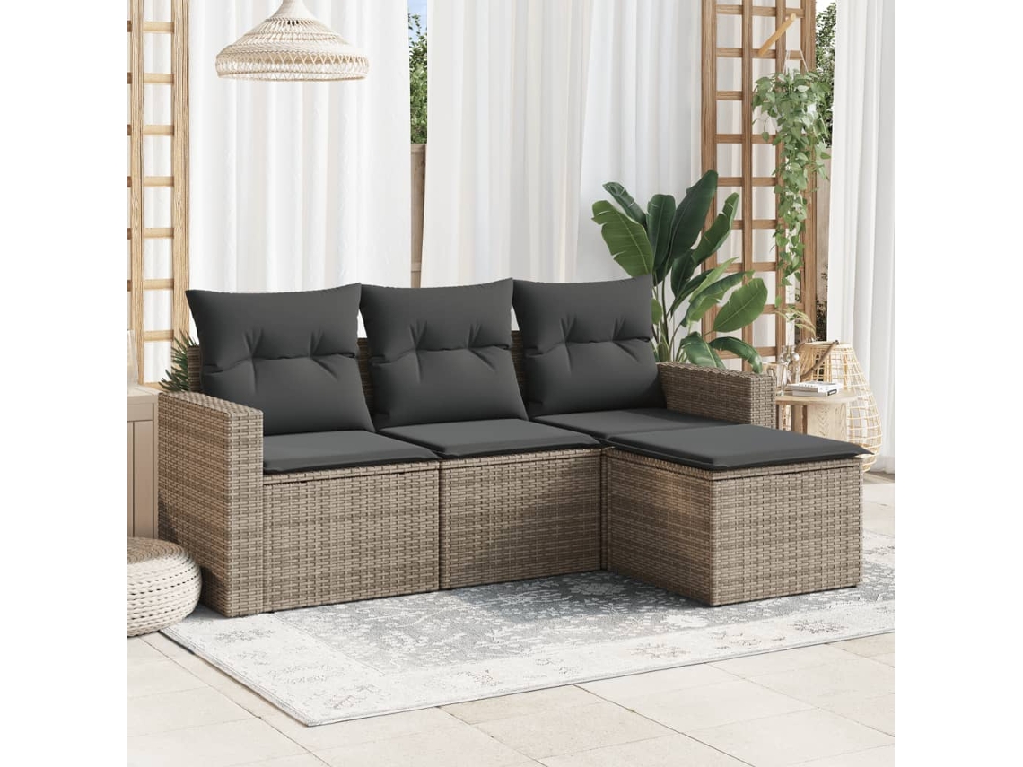 Vidaxl 4 Pcs Conjunto Sofás De Jardim C/ Almofadões Vime Pe Cinzento