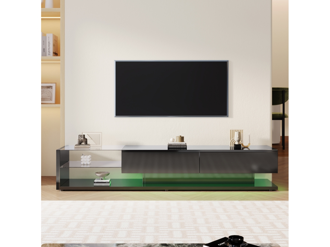 Móvel para TV KOMHTOM moderno alto brilho, 170x38x36 cm, LED colorido, 2 gavetas, 2 prateleiras de vidro, para telas grandes, preto